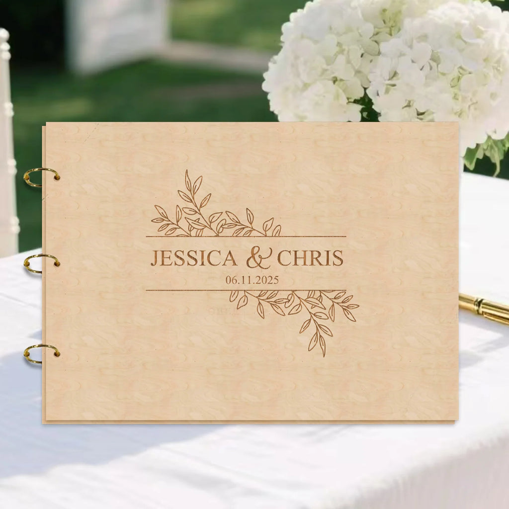Livre d'or de mariage en bois - design floral