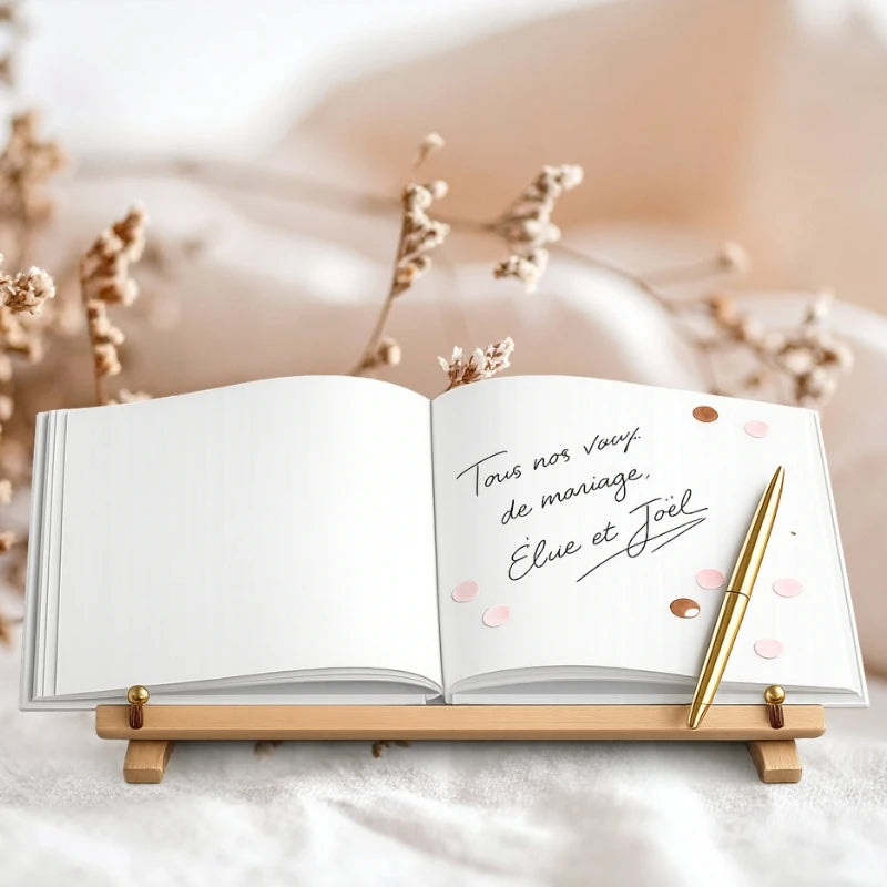 livre d'or mariage champêtre ouvert avec message des invités et stylo doré