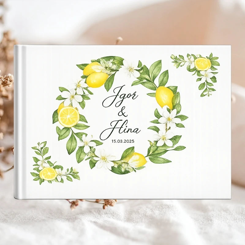 livre d'or mariage champêtre personnalisé avec motif citron et feuillage