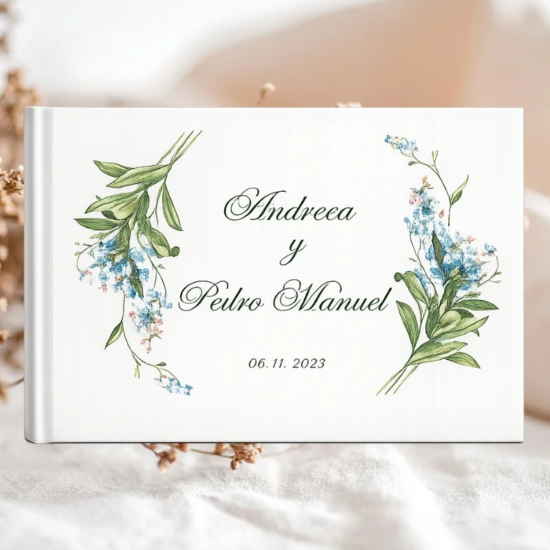 livre d'or mariage champêtre couverture avec feuillage et fleurs bleues