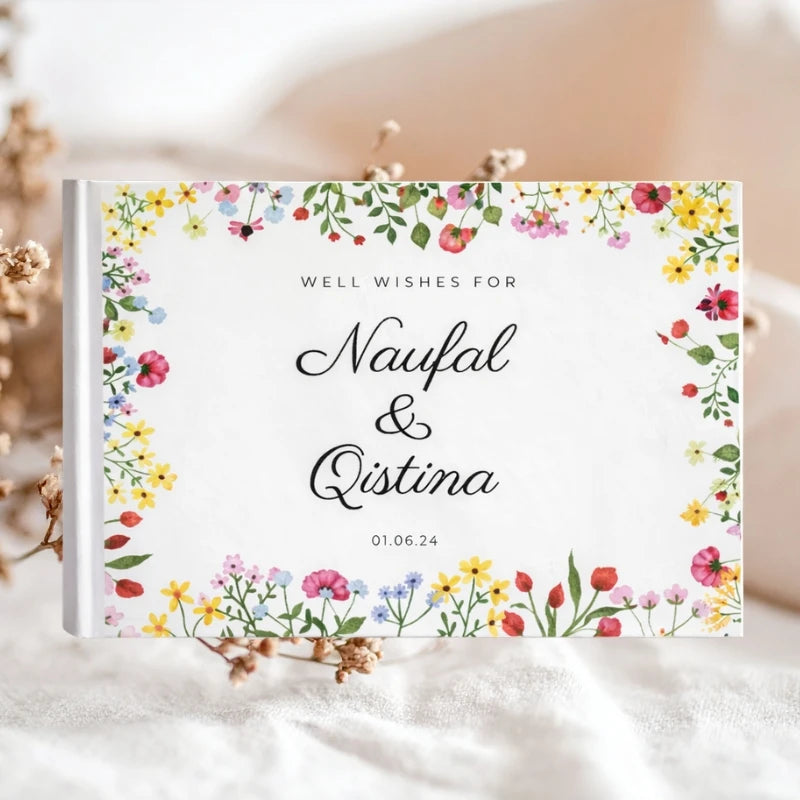 livre d'or mariage champêtre avec fleurs colorées sur la couverture